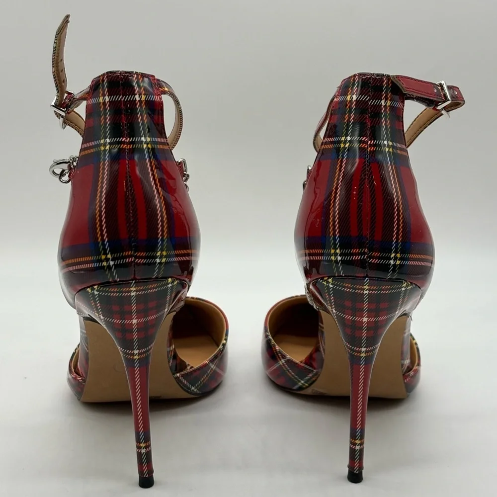 Jessica Simpson Red Plaid Heels with Chain Detail - Picture 6 of 7